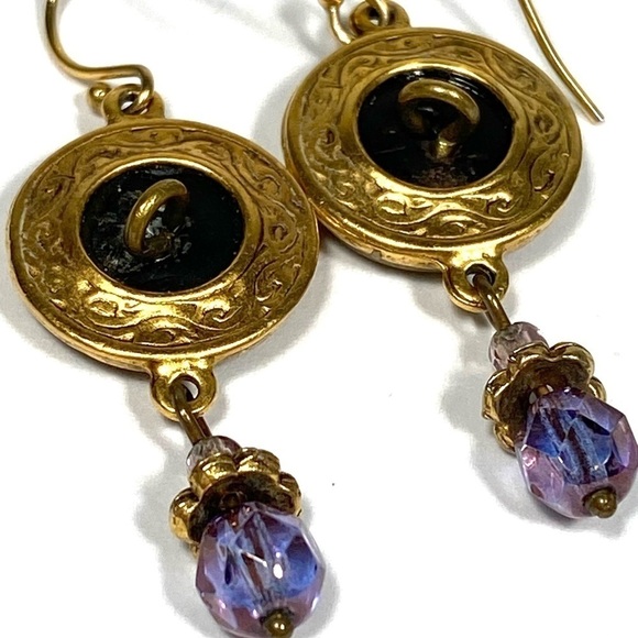 Earrings Dangles Drops Gold Tone Purple Crystals Buttons - Picture 4 of 11